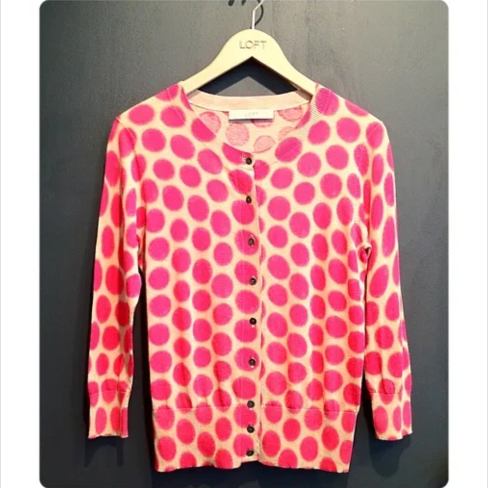 LOFT Vibrant Pink and Red Polka Dot Cardigan